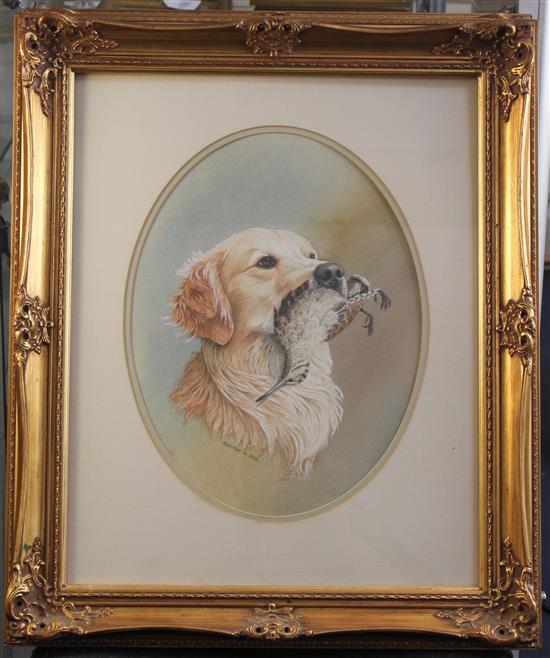 Jennifer A. Bell Labrador and Spaniel with game, ovals, 15 x 11in.